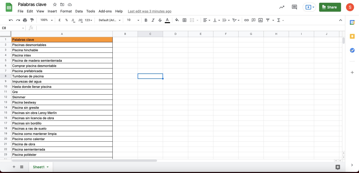 Google Sheets nos sirve para anotar palabras clave que nos puedan ser de interés