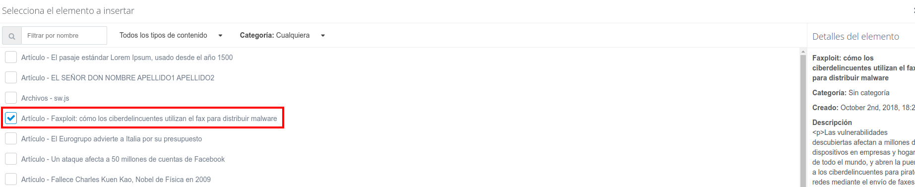 seleccionar articulo