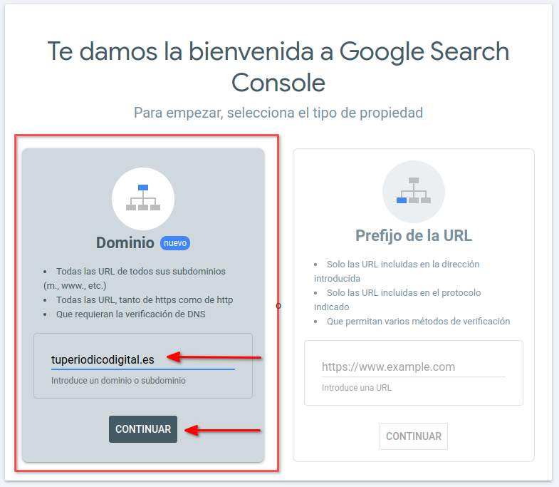 Configurar Google Search Console añadiendo una propieda de dominio.