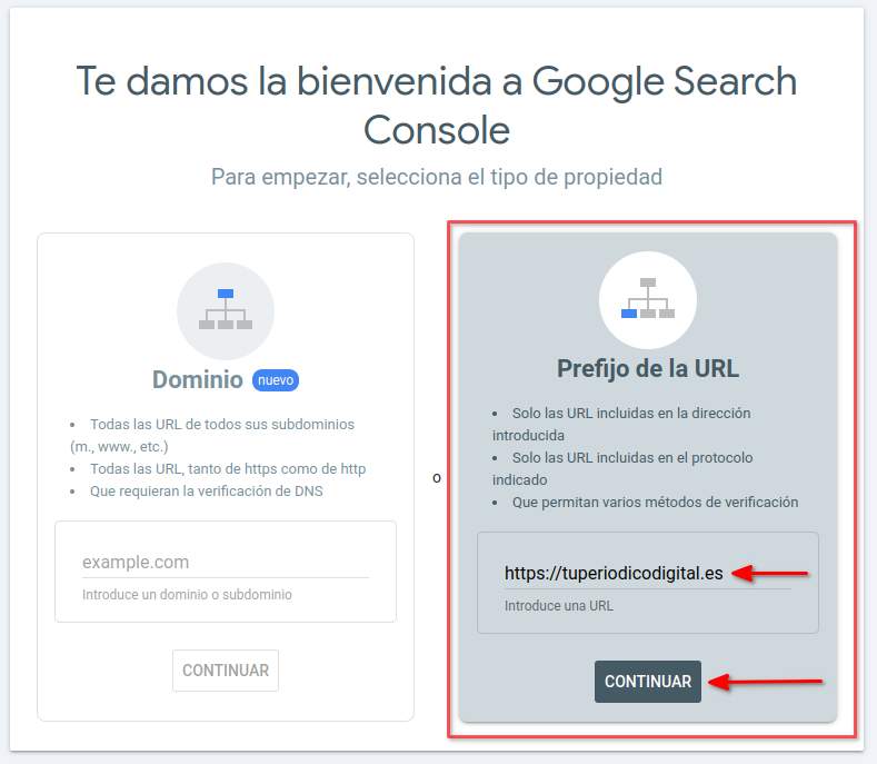 Configurar Google Search Console añadiendo prefijo de la url