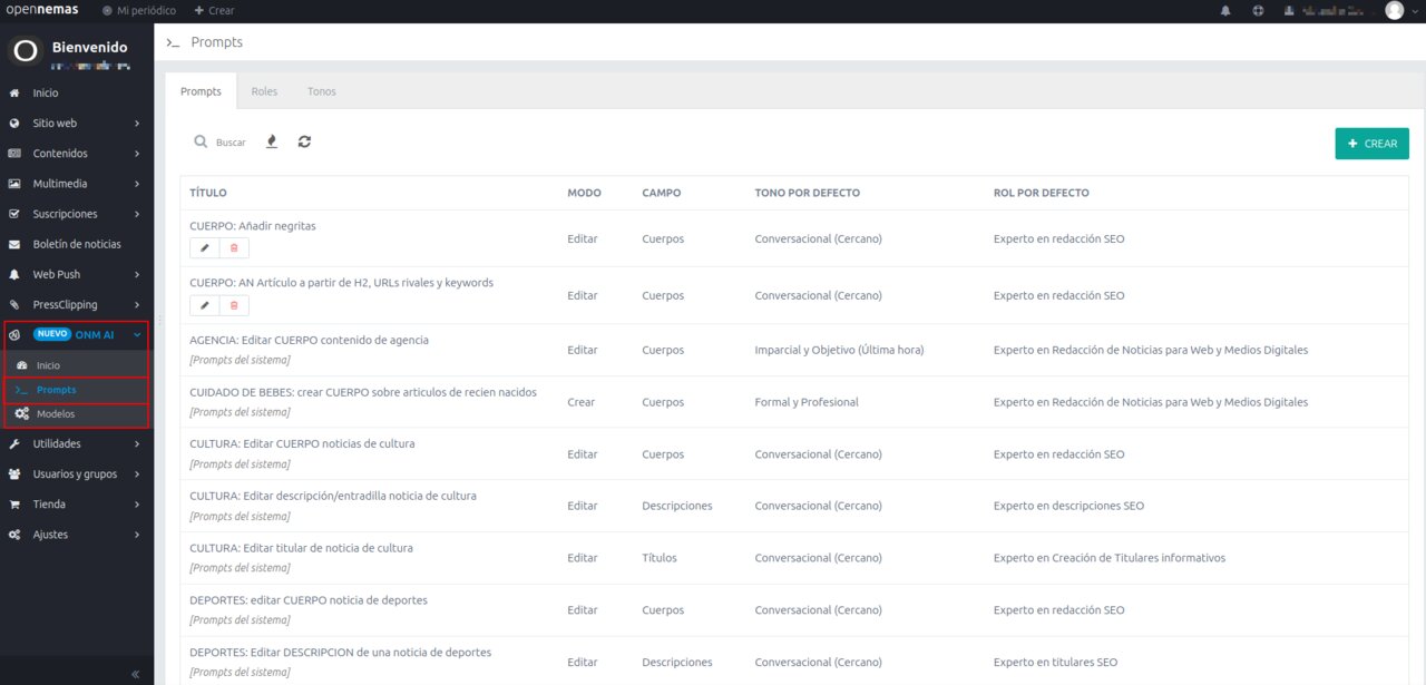 Panel de Prompts en Opennemas AI