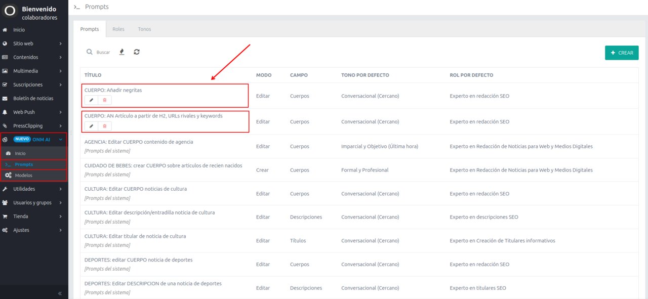 Ejemplo de prompts propios en Opennemas