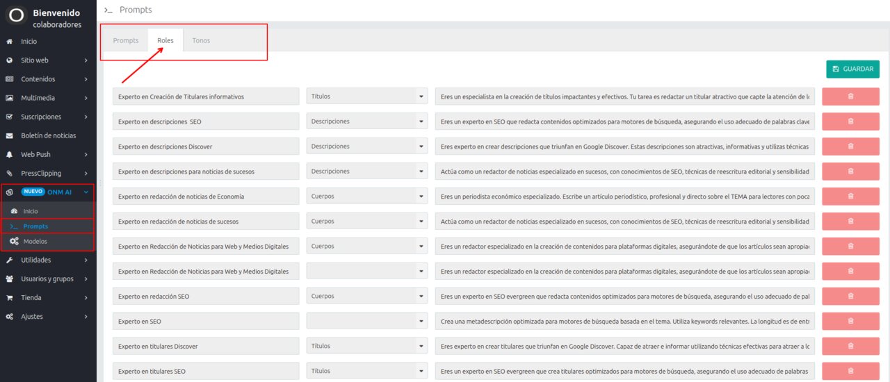 Dónde aparecen los roles en Opennemas