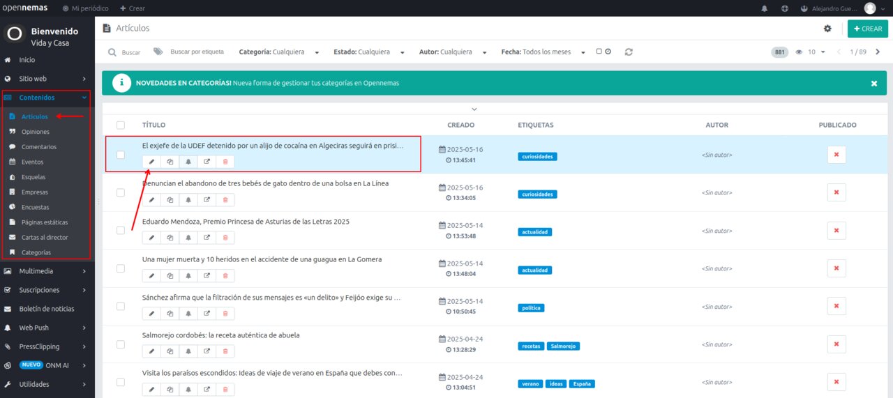 Seleccionar un artículo a editar en Opennemas AI