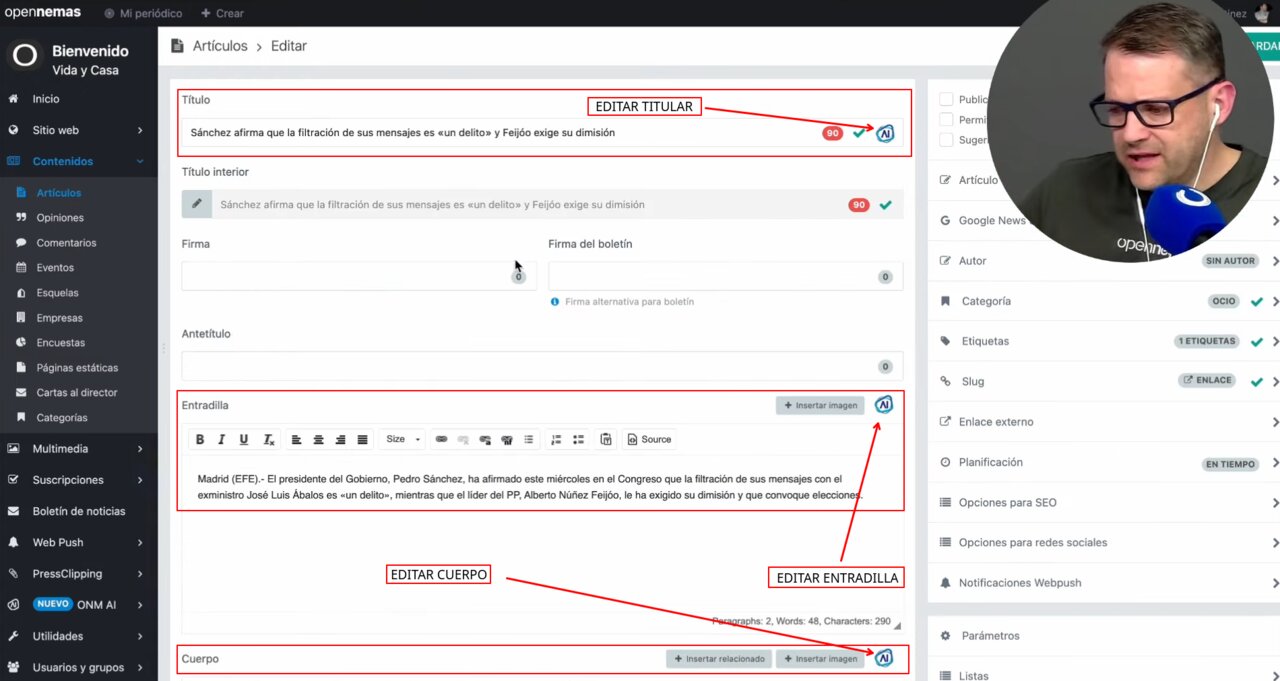Cómo editar un artículo con Opennemas AI