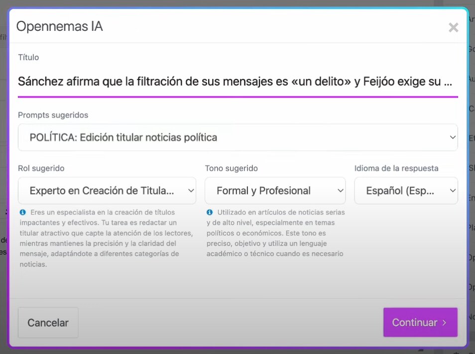 Menú de edición de titulares