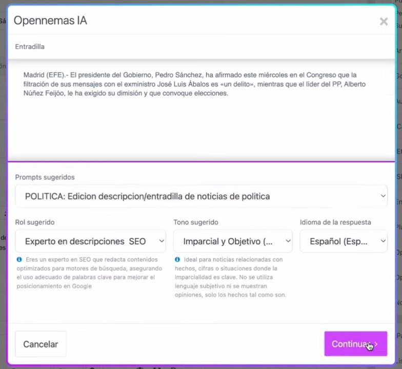 Menú de edición de entradilla o descripción