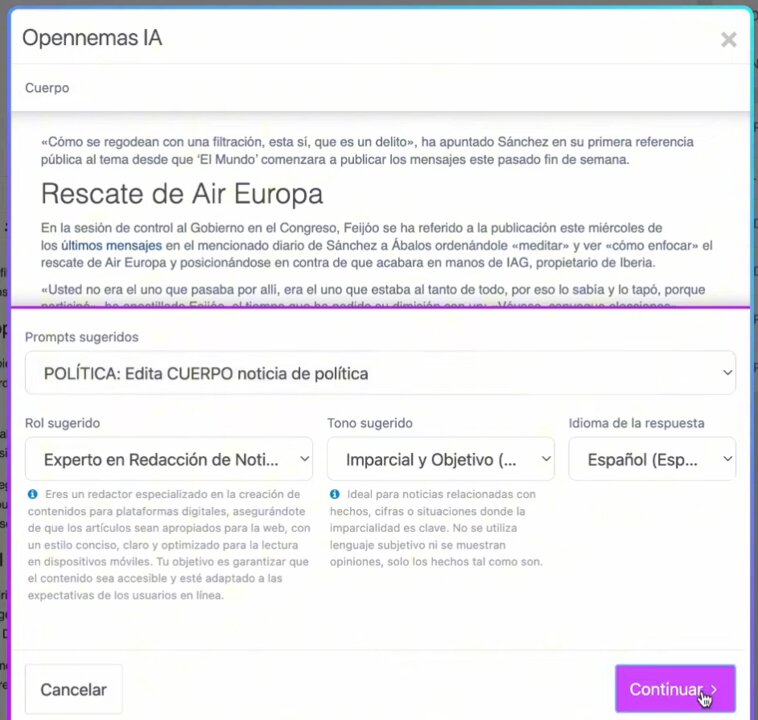 Menú de edición del cuerpo de un artículo