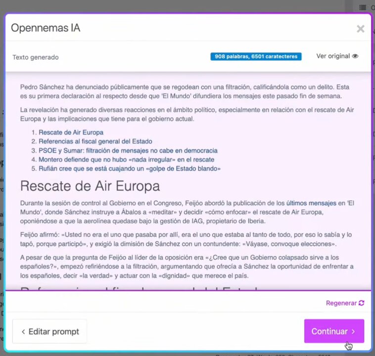 Resultado de editar un cuerpo de artículo con Opennemas AI