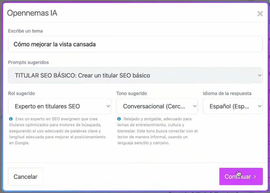 Menú de creación de titulares