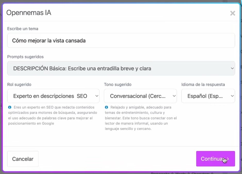 Menú de creación de entradilla