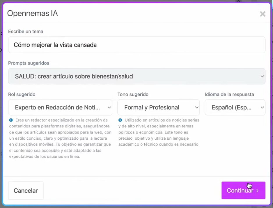 Menú de creación del cuerpo de un artículo