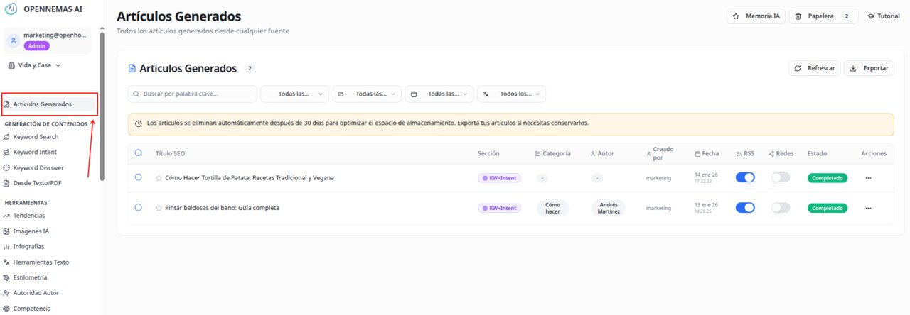 Panel de artículos generados en Opennemas AI
