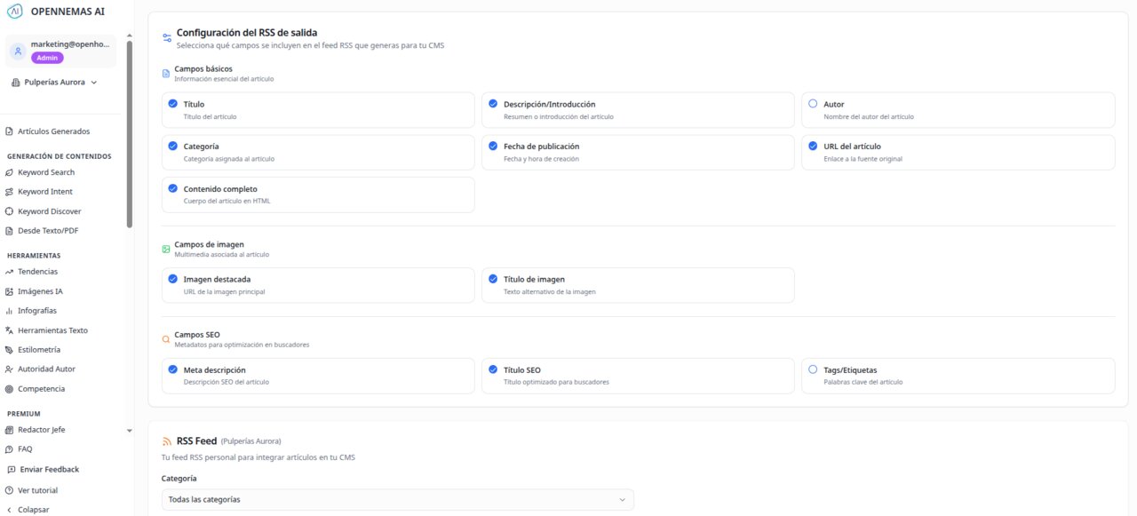 Panel de configuración del RSS en Opennemas AI