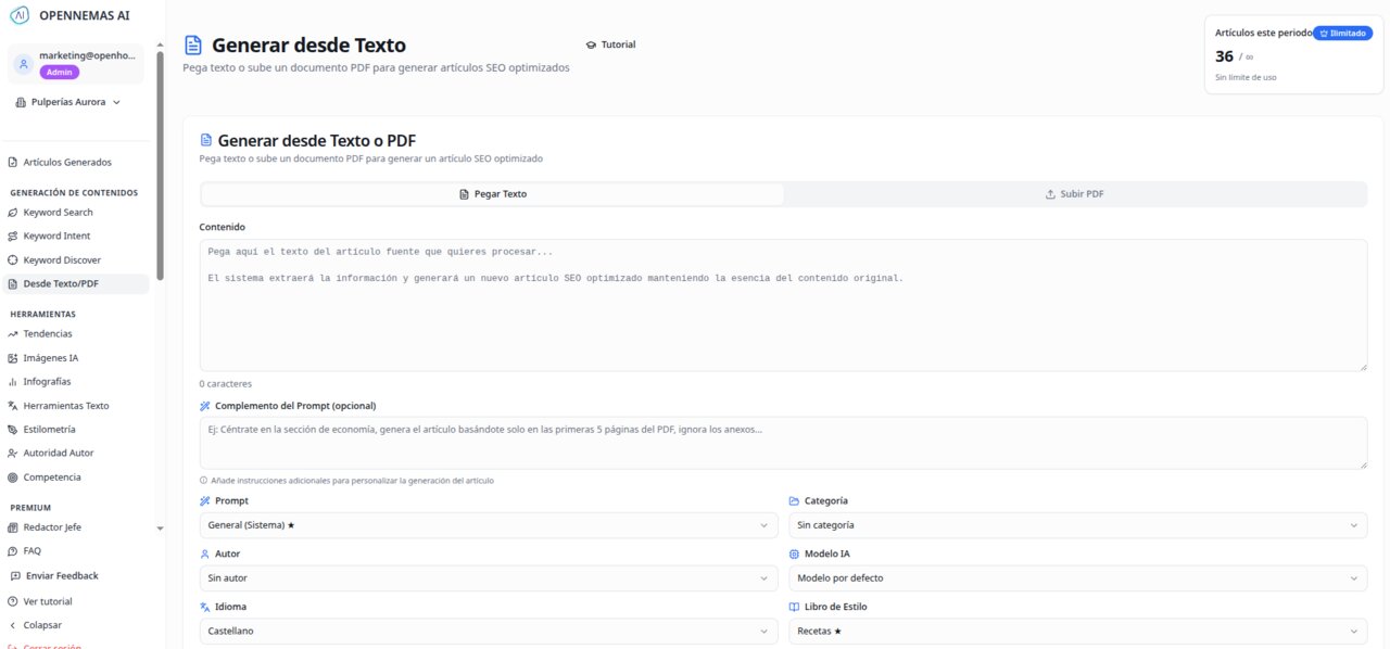 Módulo "Desde texto/pdf" en Opennemas AI