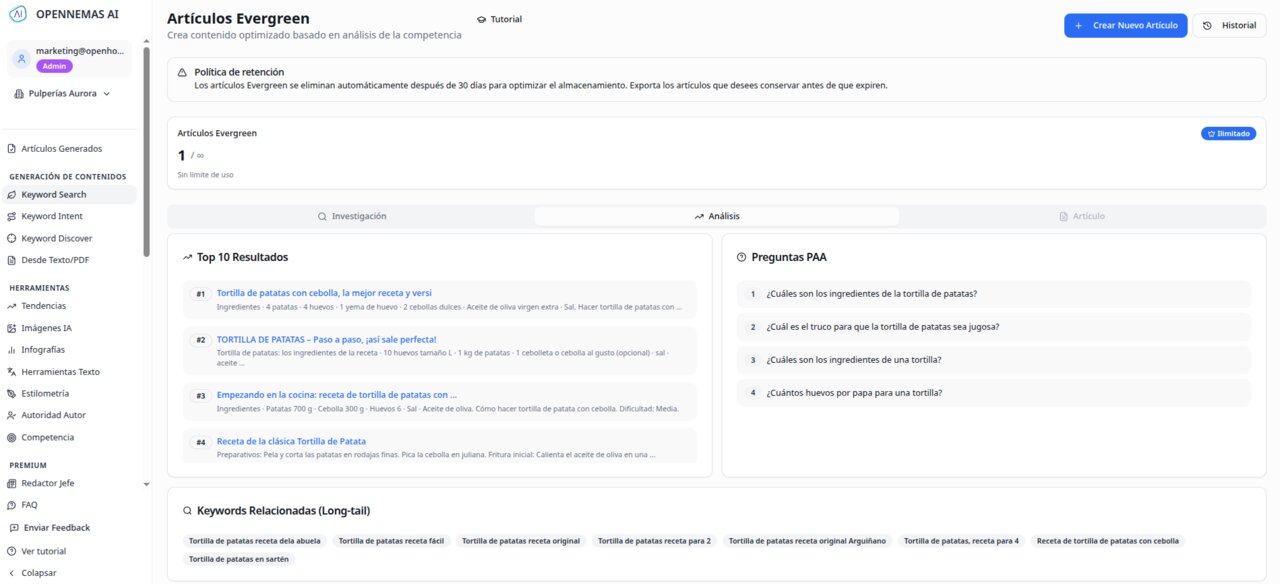 Análisis de la herramienta para un artículo sobre tortilla de patatas