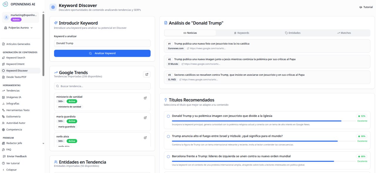 Módulo de Keyword Discover en Opennemas AI