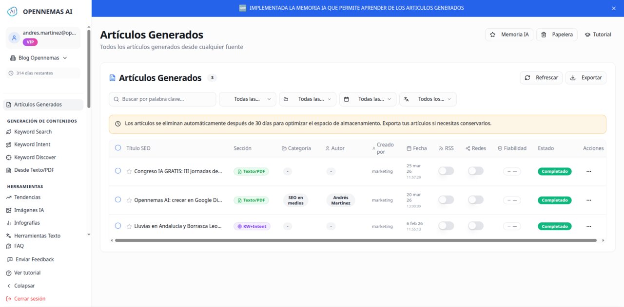 Captura del panel de artículos generados de Opennemas AI